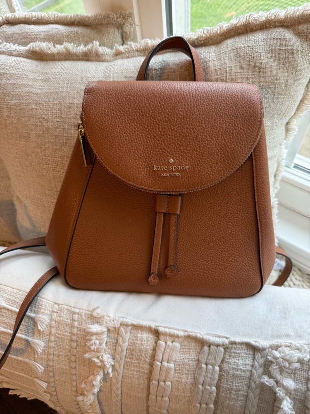 kate spade Cognac Pebbled Leather Drawstring Backpack